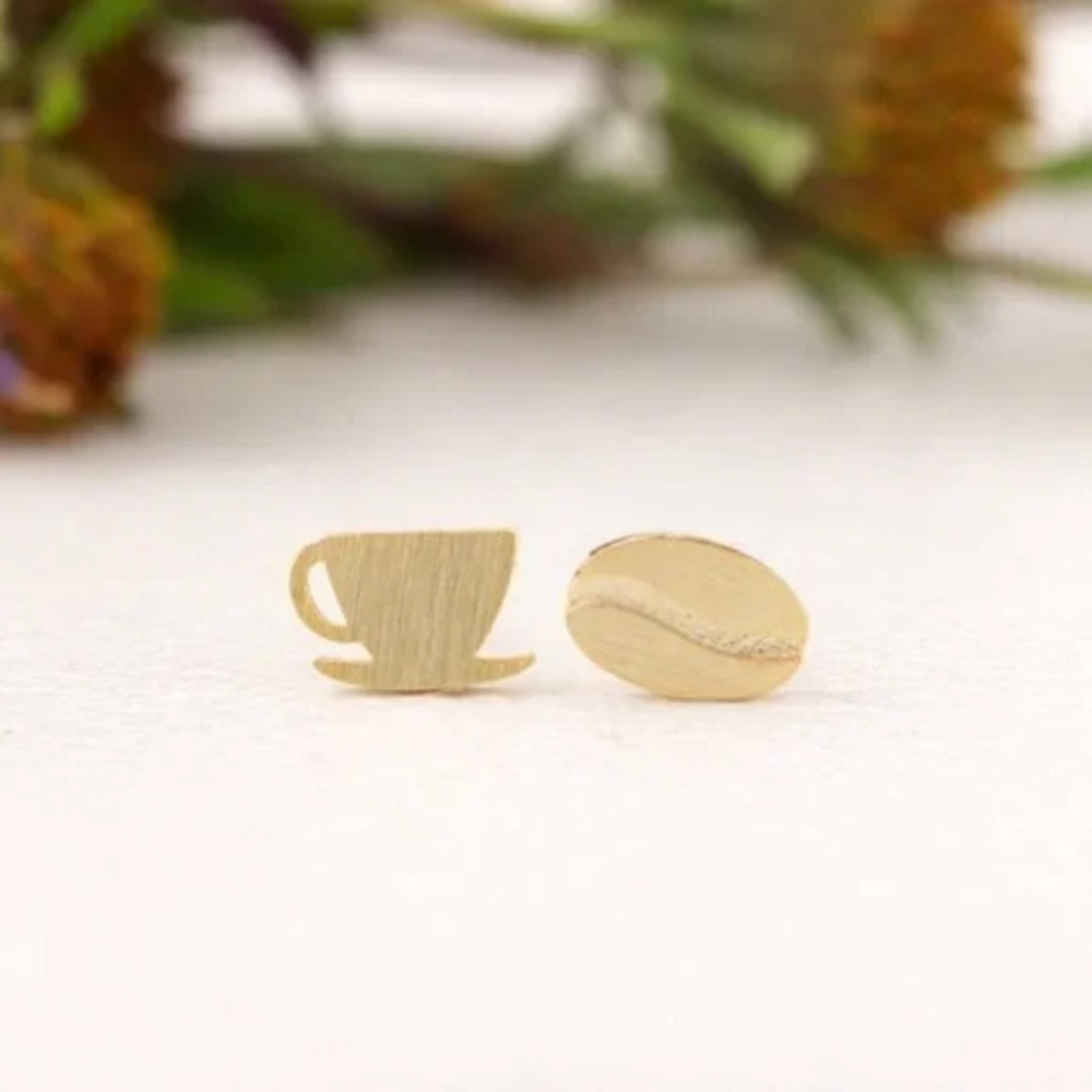 Gold Coffee Mug & Coffee Bean Stud Earrings